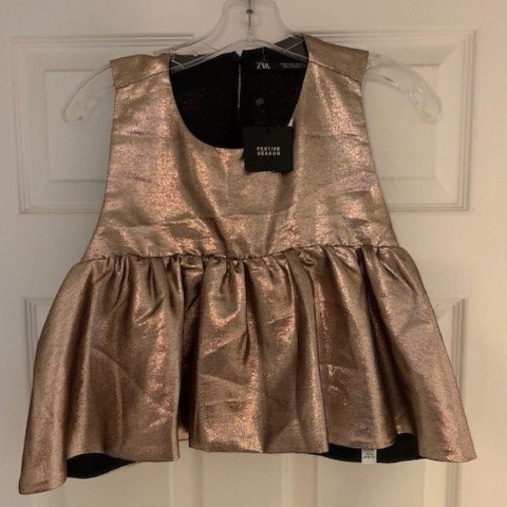 Zara Festive Season Shimmery Metallic Ruffle Sleeveless Copper Crop Top, NWT